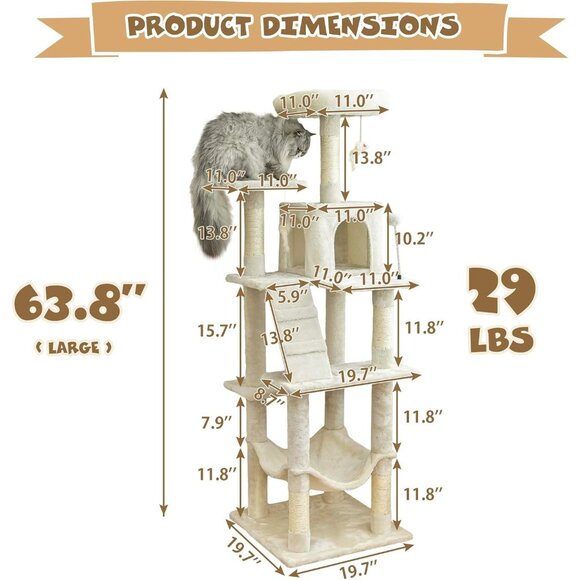New 63.8in Cat Tree Tower for Large Cats with Hammock, Condo & Scratching Posts - Picture 6 of 6